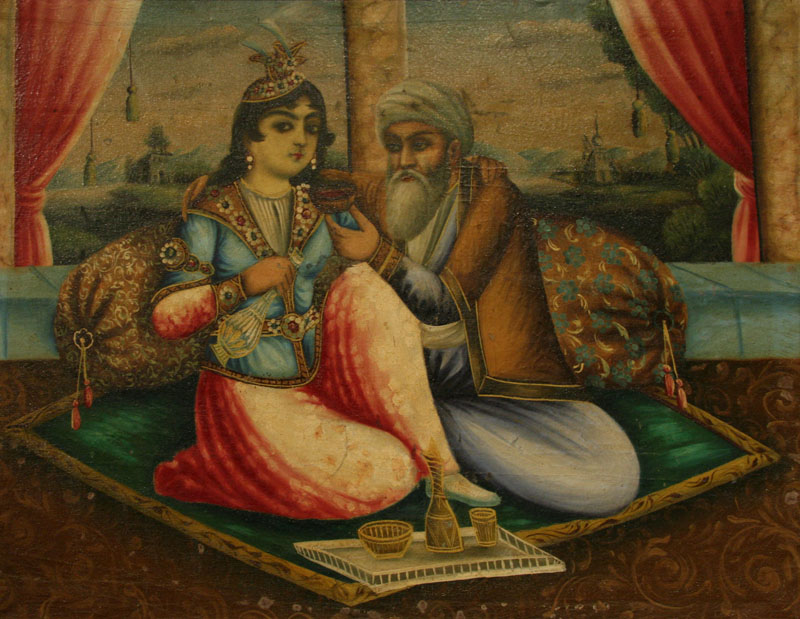 A Qajar Persian Painting of an Amorous Couple.
